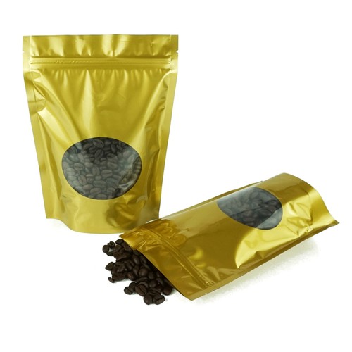 Bolsas de embalaje de café doradas, bolsas Mylar con válvula, embalaje brillante con ventana - Imagen 5 de 8