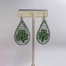 Women's St. Patrick's Day green beaded teardrop shape shamrock lucky earrings