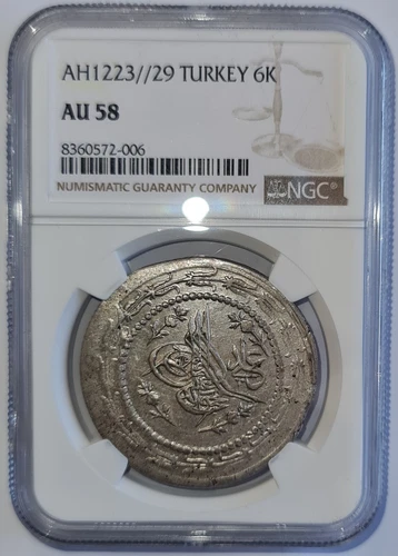 TURKEY OTTOMAN EMPIRE - AH1223/29  6 Kurush,Mahmud II - NGC AU58 !!!