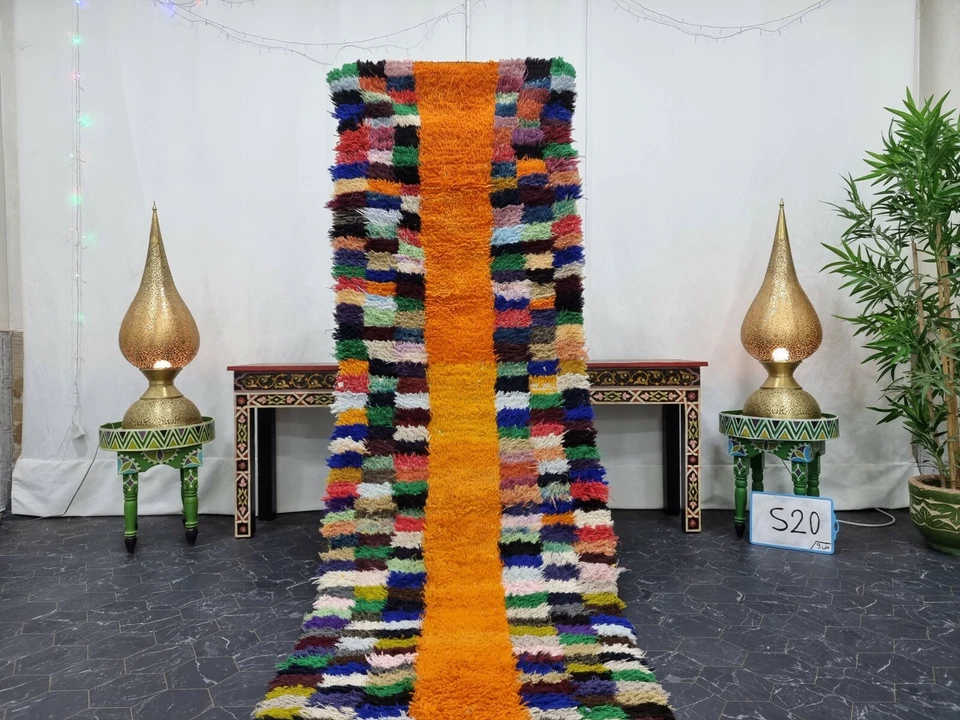 Moroccan Handmade Vintage Rug 2'6"x9'7" Berber Checkered Orange Blue Carpet  - Image 2 of 4