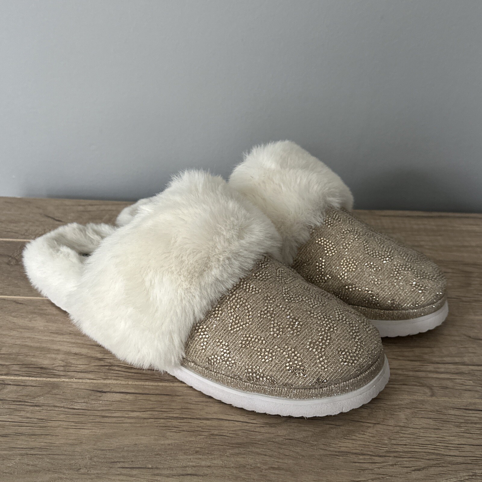 PANTOFOLA D’ORO Ciabatte Gianni Bini Comfiee strass pelliccia sintetica cristallo avorio oro leopardo 10