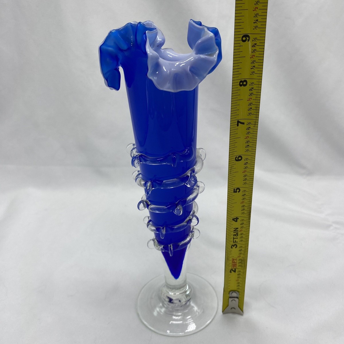 Vintage Cobalt Blue Ruffled Vase Clear base MCM Art Glass  display picture 1