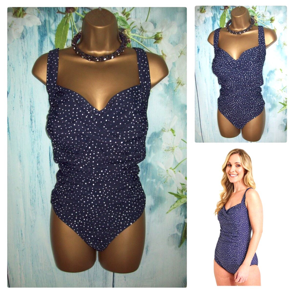 NEW BONMARCHE SWIMSUIT SIZE 24, Navy Blue Polka Dot Spot Print