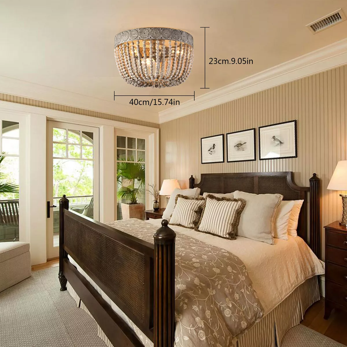 Wood Bead Round Chandelier Ceiling Lamp Flush Mount Light Fixture