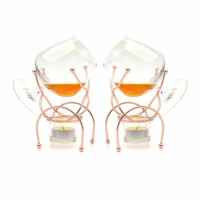 2er Set Brandy Trink Cognac Schnüffler Wärmer Glas & Kupfer Ständer Geschenk Verpackt