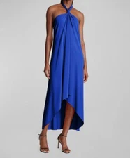$395 Halston Women's Blue Draped Front Knot Halter Lulu Shift Dress Size 8