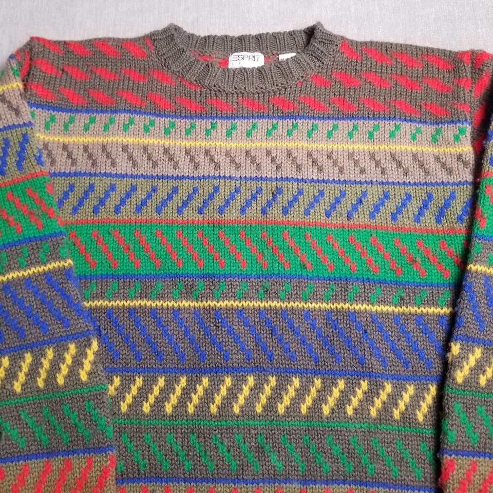 Vtg Esprit Sport Knit Sweater Geometric Colorful Dad 100% Wool 80s Sz M - Image 2 of 4