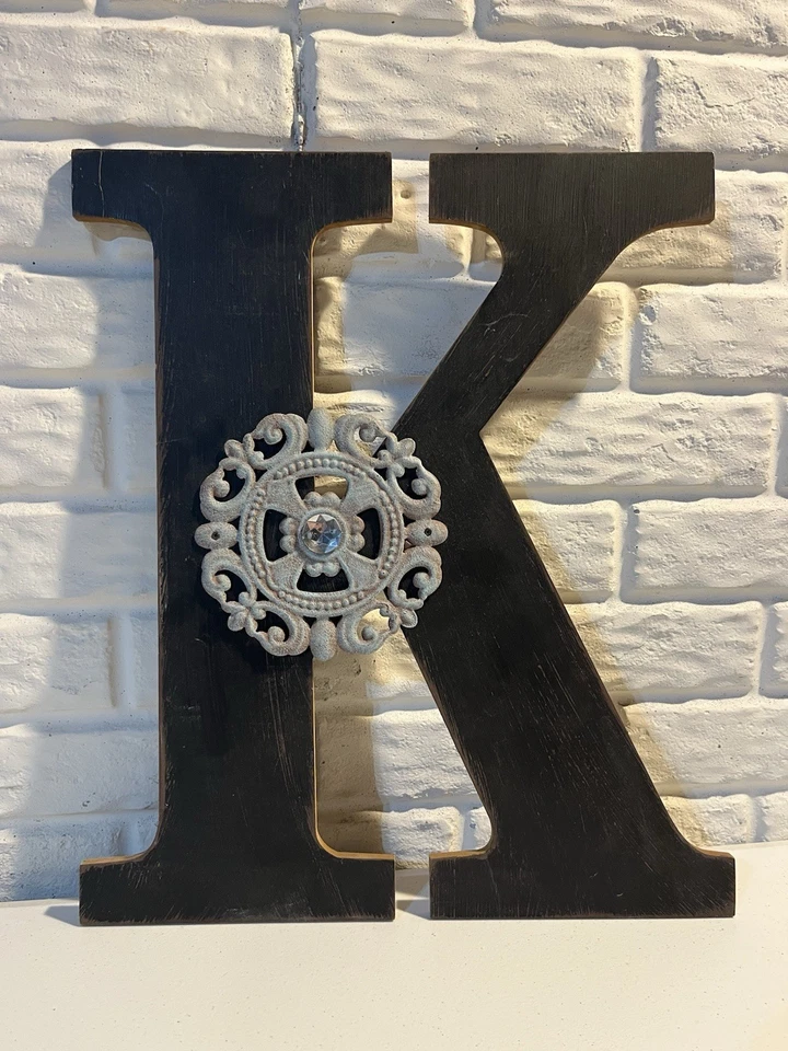 Letter K. Rustic Decor. Charcoal Black. Faux Gemstone Center. Good Condition - Image 3 of 4