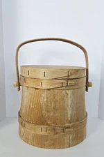 VTG Firkin Sugar Primitive Wood Bucket w/ Swing Handle & Lid. Spaulding & Frost.