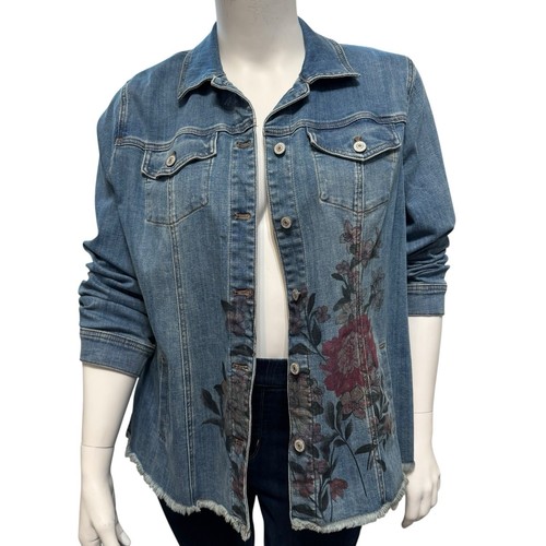 CHICOS Size 3 US 16/18 Denim Jacket Floral Detail Medium Wash Stretch Fringe Hem - Picture 6 of 12