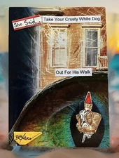 Crusty White Dog - Original Collage Mixed Media Surrealism Mini Stamp Art ACEO