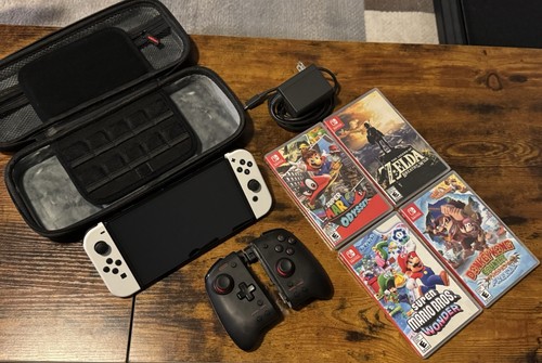 Nintendo Switch OLED Bundle - Dock, Charger, Case, HORI Grip, 4 Games