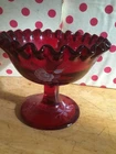 Fenton art glass compote ruby red 1970s floral accents hand painted and signed