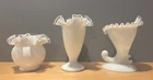 3 Vintage Fenton Silver Crest: 3” Rose Bowl, 6” Bad, 5” Cornucopia Candle Vase