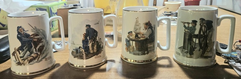 The Norman Rockwell Museum 1985 Set of 4 White Ceramic Painted Mugs