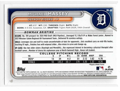 Michael Massey Detroit Tigers 2024 Bowman Draft 1st Bowman ** - Bild 2 von 2