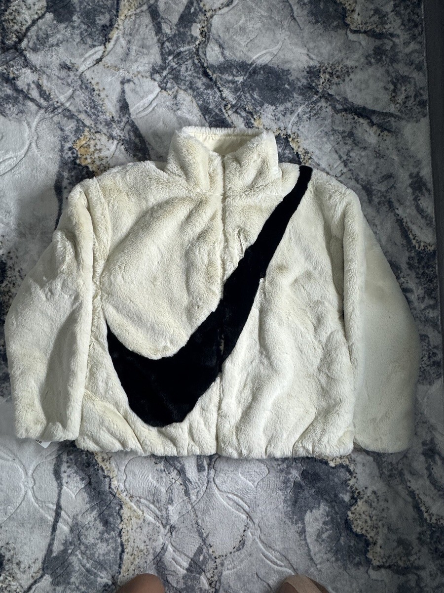 ジャケット・アウター NIKE BIG SWOOSHU LONG FUR JACKET M Nike Faux Fur Big Swoosh Oversized Jacket Womens-Small Black