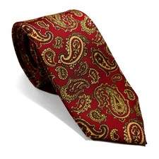 Hand-Printed Red Cream Paisley Slim Silk Tie Handmade in England