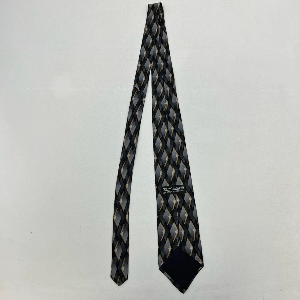 Gravata masculina Zylos George Machado cinza dourada geométrica 100% seda amarrada clássica - Imagem 2 de 4