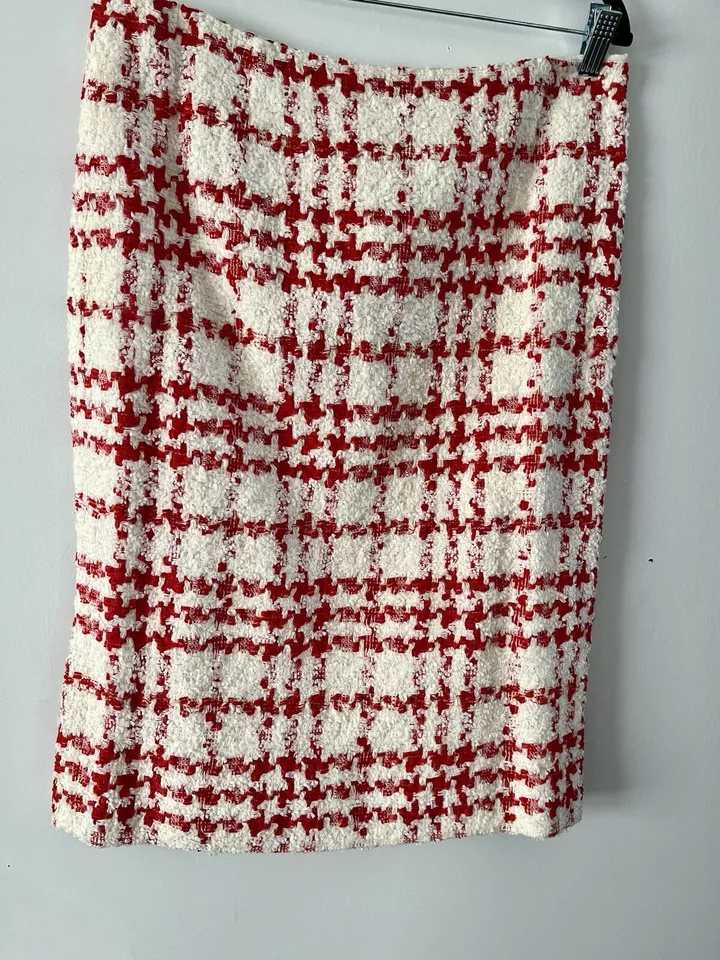 OFERTA ESCADA Falda Mujer 42 Rojo Blanco Tweed Cuadros Lápiz Mezcla Lana Sin Usar Nunca
