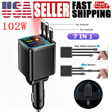 7-in-1 102W USB C Car Charger Retractable Dual Cable Fast Charging Starlight
