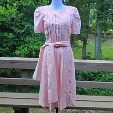 Vintage 80s Saks 5th Ave Richard Warren Pink Puff Sleeve Midi Dress Pleat Button
