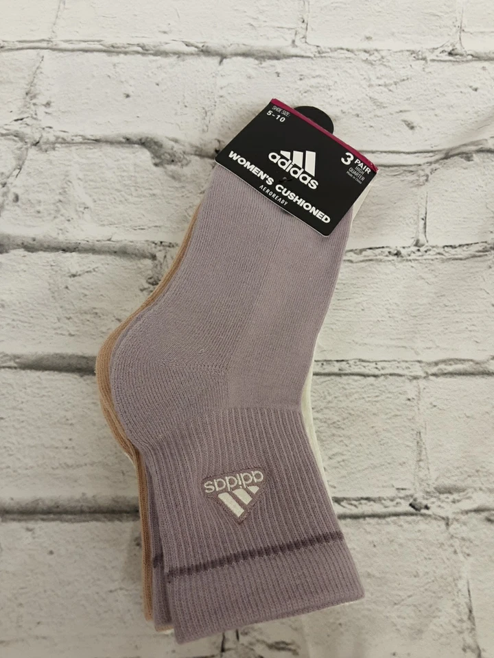 阿迪达斯袜子缓冲 3 双装女式 5-10 码高四分之一紫色白色 — 第 3/4 张图片