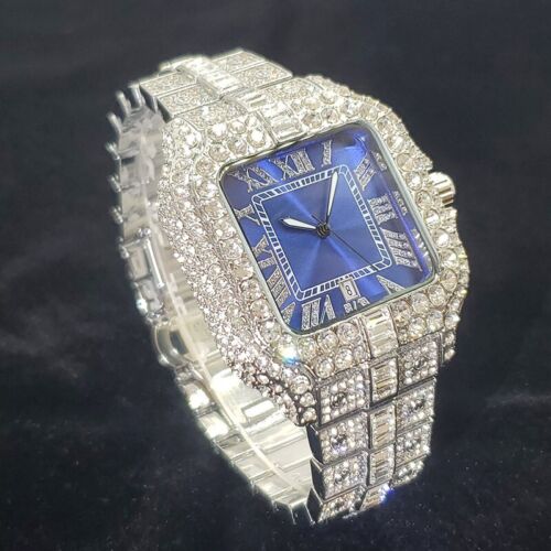 Orologio Uomo Hip Hop Lusso Completamente Ghiacciato Bling Diamante Argento Blu Quadrato - Foto 4 di 5