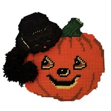 Vtg Handmade Plastic Canvas Halloween Pumpkin Black Cat Door Wall Decor 3D 9.5"