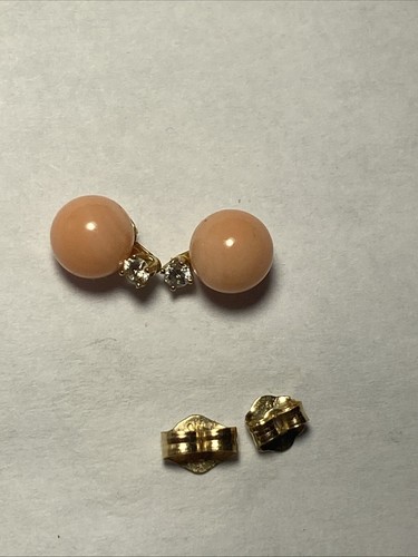 Pierced Earrings Diamonds And Angel Skin Coral Vintage 14k Yellow Gold Dainty - Picture 4 of 15