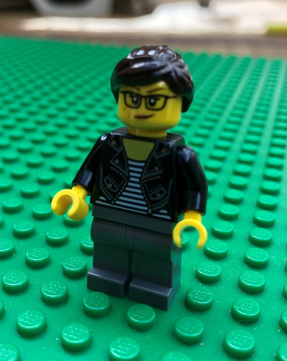 Lego GIRL IN LEATHER JACKET Minifigure Punk Bikie Goth Glasses