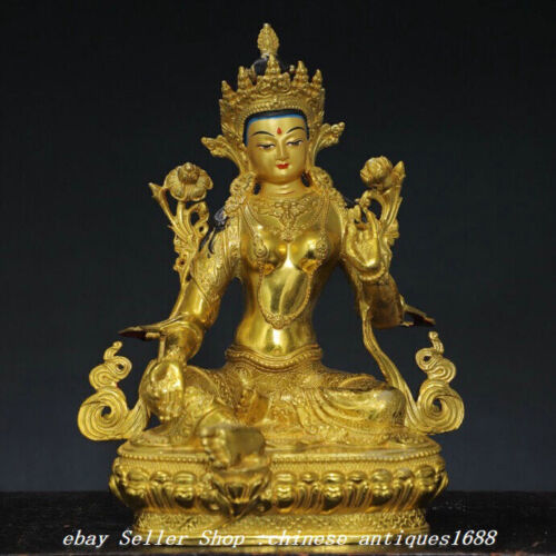 11.8" Old Tibet Bronze Gilt Painting Green Tara Mahayana Goddess Buddha Statue - Picture 1 of 9
