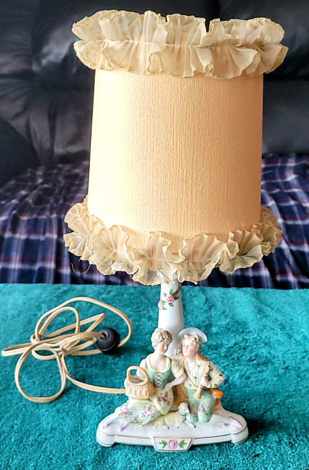 Antique German Porcelain Victorian Couple w/Lamb Lamp w/Shade Works