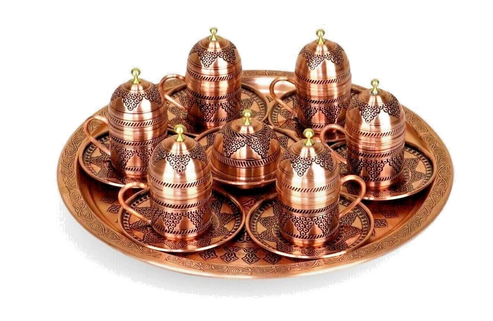 Juego para servir café con bandeja, juego de 6 tazas de café turco tradicional de cobre Foto 3 de 4