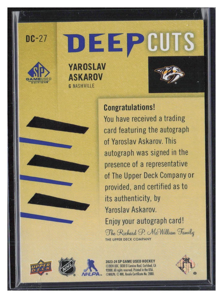 Yaroslav Askarov 2023-24 SP Game Used Deep Cuts Auto /75 #DC-27 - Image 2 of 2