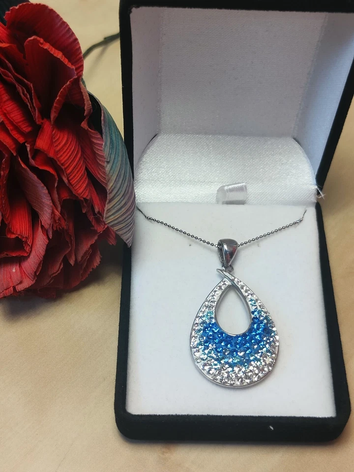 Collana Donna Argento 925 Ciondolo Pendente Goccia Zirconi Blu Azzurro Lucente - Immagine 3 di 4