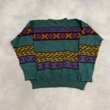 Vintage Abstract Knitted Jumper Patterned Grandad Knit Sweater Men's Xl