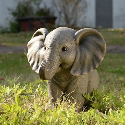 Baby Elephant Sitting W/Trunk Up Wild Animal Statue Garden Decor Garden Statue