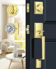 Satin Brass Front Door Handle and Deadbolt Set, Front Door Lock Set with Crys...