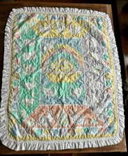 Vintage 90  s Noah's Ark Crib Blanket Reversible with White 36x45 Ruffled Trim