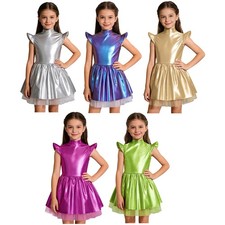 Girls Outfit Iridescent Costumes Tutu Skirt Performance Dress Mock Neck Show
