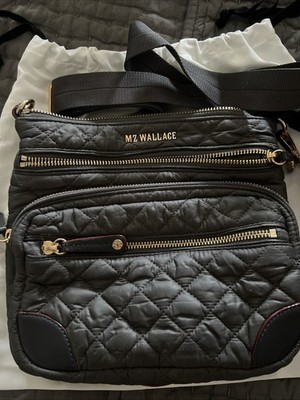 MZ Wallace Crosby DownCrossbody Shoulder Bag Quilted Pewter Grey With Gold Zip