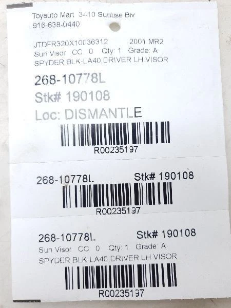 00-02 TOYOTA MR2 SPYDER 2WD DRIVER SIDE SUN SHADE VISOR  - Image 4 of 4