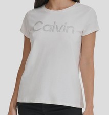 Calvin Klein Women's White Crystal-Logo Crewneck T-Shirt Top Size XS