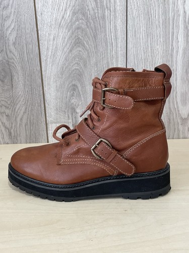 Topshop Tan Brown Leather Chunky Sole Lace Up Zip Strap Mid Boots UK 8 EU 41 - Picture 2 of 17