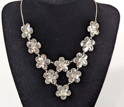 Paola Valentini 925 Sterling Silver Bib Necklace Floral Signed PV ITALY