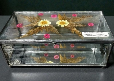 Vintage Beveled Glass Trinket Box with Pressed Flowers   7'' x 3''