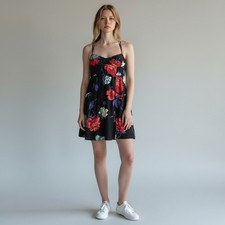American Eagle Womens Floral Fit Flare Sun Dress Medium Black Spaghetti Strap