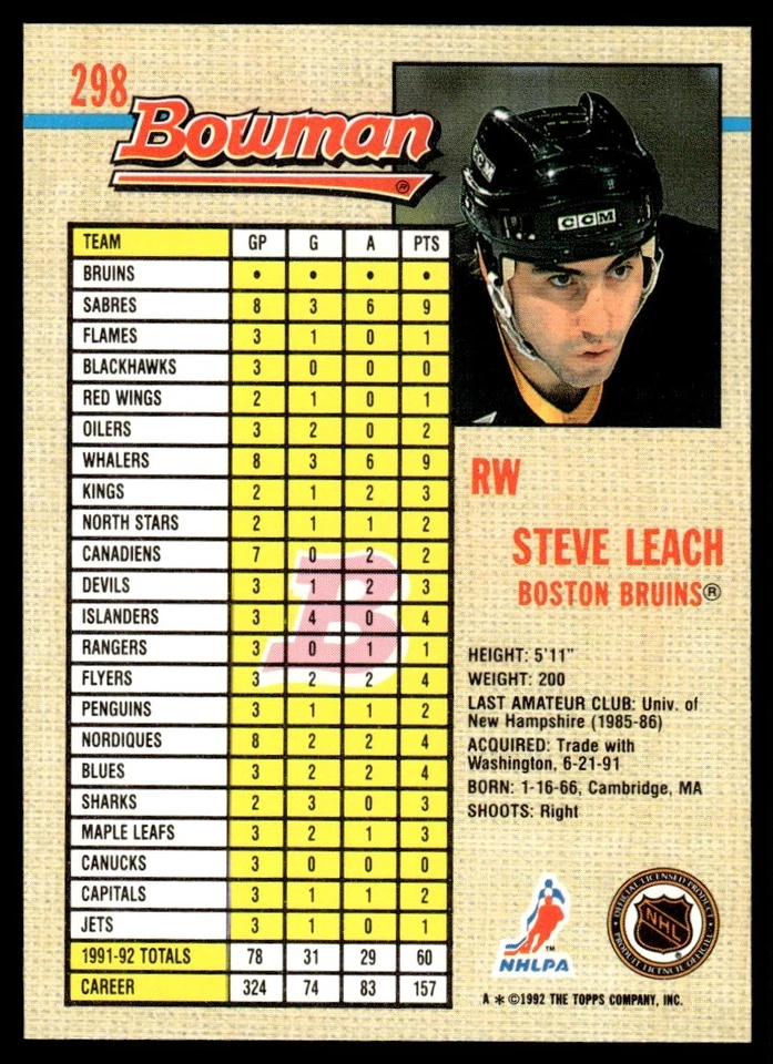 1992 Bowman #298 Steve Leach - Boston Bruins - Image 2 of 2