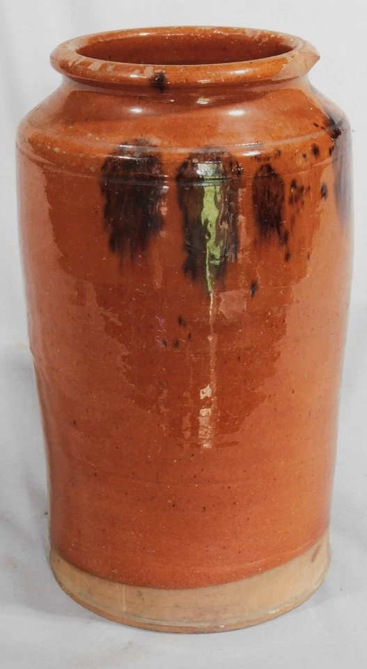 Rare antique redware vase urn glazed manganese splotch  early 19th c. decorated - Image 2 of 4